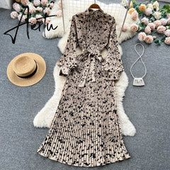 Aiertu Senior French Retro Dress Turtleneck Long Lantern Sleeves Belt Pleated Women Streetwear Elegant Party Vintage Dress Aiertu