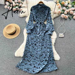 Aiertu Senior French Retro Dress Turtleneck Long Lantern Sleeves Belt Pleated Women Streetwear Elegant Party Vintage Dress Aiertu