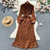 Aiertu Senior French Retro Dress Turtleneck Long Lantern Sleeves Belt Pleated Women Streetwear Elegant Party Vintage Dress Aiertu