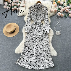 Aiertu Senior French Retro Dress Turtleneck Long Lantern Sleeves Belt Pleated Women Streetwear Elegant Party Vintage Dress Aiertu