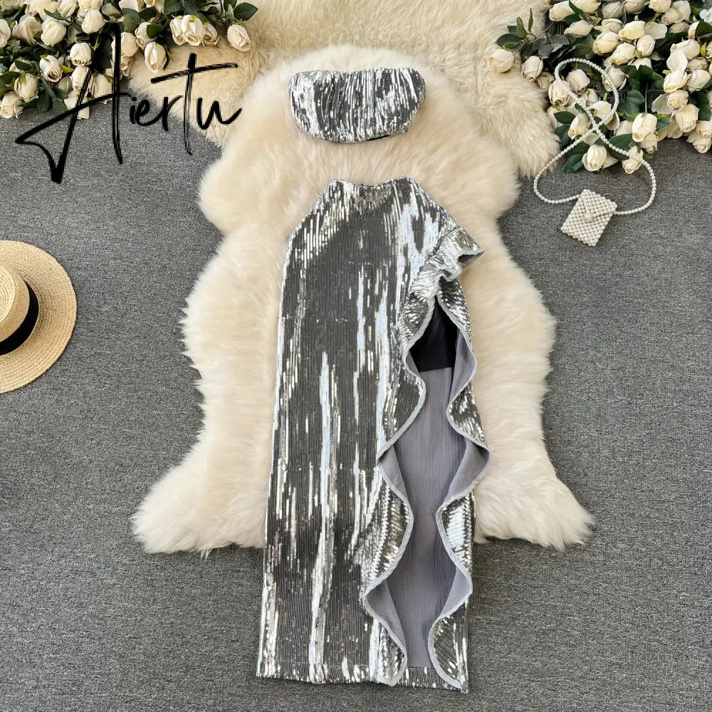 Aiertu Senior Sexy Two Pieces Sets Zipper Shiny Short Tank Tops+Split Ruffles Sensual Skirt Fashion Sequins Vacation Suits Aiertu