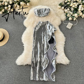 Aiertu Senior Sexy Two Pieces Sets Zipper Shiny Short Tank Tops+Split Ruffles Sensual Skirt Fashion Sequins Vacation Suits Aiertu