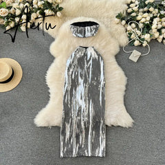 Aiertu Senior Sexy Two Pieces Sets Zipper Shiny Short Tank Tops+Split Ruffles Sensual Skirt Fashion Sequins Vacation Suits Aiertu