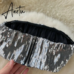 Aiertu Senior Sexy Two Pieces Sets Zipper Shiny Short Tank Tops+Split Ruffles Sensual Skirt Fashion Sequins Vacation Suits Aiertu