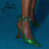 Aiertu Sequined Crystal Women Pumps Sexy Ankle strap Cross-tied High heels wedding Shoes Fashion Slingbacks Summer Party Prom Shoes Aiertu