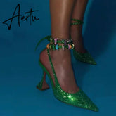 Aiertu Sequined Crystal Women Pumps Sexy Ankle strap Cross-tied High heels wedding Shoes Fashion Slingbacks Summer Party Prom Shoes Aiertu