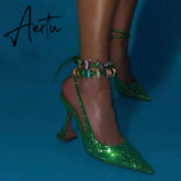 Aiertu Sequined Crystal Women Pumps Sexy Ankle strap Cross-tied High heels wedding Shoes Fashion Slingbacks Summer Party Prom Shoes Aiertu