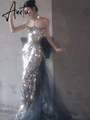 Aiertu Sequins Mermaid Celebrity Dresses Boat Neck Sleeveless Silver Glitter Shiny Luxury Quinceanera Detachable Bow Prom Evening Gowns Aiertu
