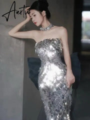 Aiertu Sequins Mermaid Celebrity Dresses Boat Neck Sleeveless Silver Glitter Shiny Luxury Quinceanera Detachable Bow Prom Evening Gowns Aiertu