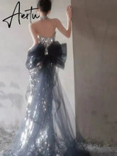 Aiertu Sequins Mermaid Celebrity Dresses Boat Neck Sleeveless Silver Glitter Shiny Luxury Quinceanera Detachable Bow Prom Evening Gowns Aiertu