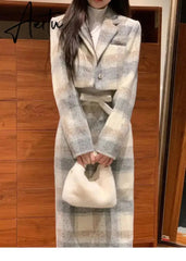 Aiertu Sets for Women 2 Pieces Autumn Grey Plaid Woolen Lapel Collar Long Sleeve Half Skirt Set Elegant Sweet Temperament Casual Suit Aiertu