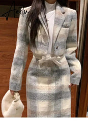 Aiertu Sets for Women 2 Pieces Autumn Grey Plaid Woolen Lapel Collar Long Sleeve Half Skirt Set Elegant Sweet Temperament Casual Suit Aiertu