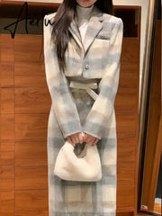 Aiertu Sets for Women 2 Pieces Autumn Grey Plaid Woolen Lapel Collar Long Sleeve Half Skirt Set Elegant Sweet Temperament Casual Suit Aiertu