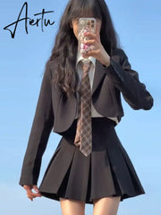 Aiertu Sets for Women 3 Pieces AutumnElegant Cardign Suit Coat Shirt Pleated Skirt Sets School Vintage Casual Luxury Korean Fashion Aiertu