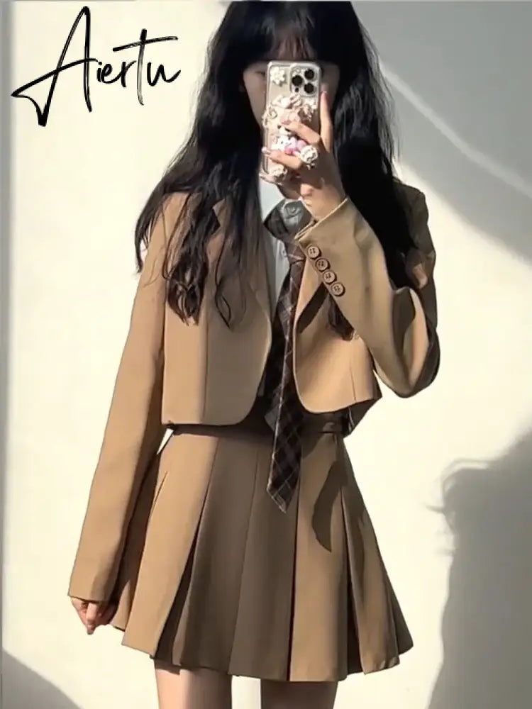 Aiertu Sets for Women 3 Pieces AutumnElegant Cardign Suit Coat Shirt Pleated Skirt Sets School Vintage Casual Luxury Korean Fashion Aiertu
