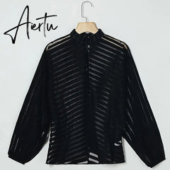 Aiertu Sexy Black Women Mesh Sheer Blouses Ladies Long Sleeve Striped Front Hollow Out Transparent Shirts Blusas Mujer Camisas Aiertu