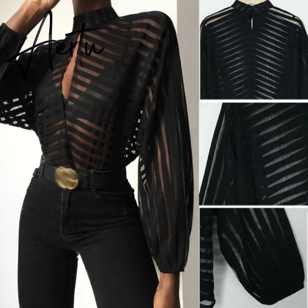 Aiertu Sexy Black Women Mesh Sheer Blouses Ladies Long Sleeve Striped Front Hollow Out Transparent Shirts Blusas Mujer Camisas Aiertu