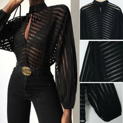 Aiertu Sexy Black Women Mesh Sheer Blouses Ladies Long Sleeve Striped Front Hollow Out Transparent Shirts Blusas Mujer Camisas Aiertu