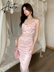 Aiertu Sexy Bodycon Pink Satin Midi Dress Women New Summer Spaghetti Strap Slim Backless High Split Evening Party Dresses Prom Vestido Aiertu