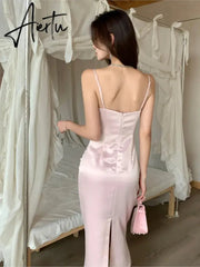 Aiertu Sexy Bodycon Pink Satin Midi Dress Women New Summer Spaghetti Strap Slim Backless High Split Evening Party Dresses Prom Vestido Aiertu