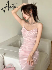 Aiertu Sexy Bodycon Pink Satin Midi Dress Women New Summer Spaghetti Strap Slim Backless High Split Evening Party Dresses Prom Vestido Aiertu