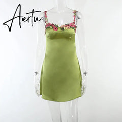 Aiertu Sexy Floral Embroidery Slip Dress Women Female Mini Dresses 2023 Spring Sexy Slim Chic Beach Style Lady Aiertu