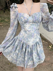 Aiertu Sexy Floral One Piece Dress Korean Fashion Woman Puff Sleeve Y2k Mini Dress Casual Spring Design Elegant Short Party Dress Aiertu