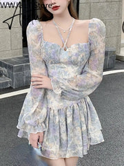 Aiertu Sexy Floral One Piece Dress Korean Fashion Woman Puff Sleeve Y2k Mini Dress Casual Spring Design Elegant Short Party Dress Aiertu