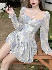 Aiertu Sexy Floral One Piece Dress Korean Fashion Woman Puff Sleeve Y2k Mini Dress Casual Spring Design Elegant Short Party Dress Aiertu