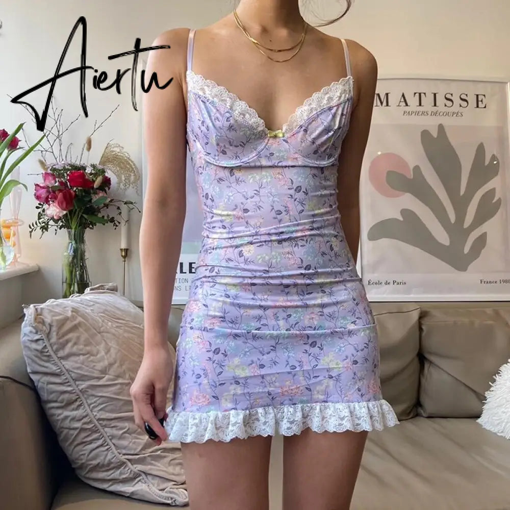 Aiertu Sexy Floral Print V Neck Women's Dress Lacework Slim Party Bodycon Dresses Y2K Aesthetic Lady Summer Club Wear Aiertu