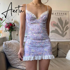 Aiertu Sexy Floral Print V Neck Women's Dress Lacework Slim Party Bodycon Dresses Y2K Aesthetic Lady Summer Club Wear Aiertu