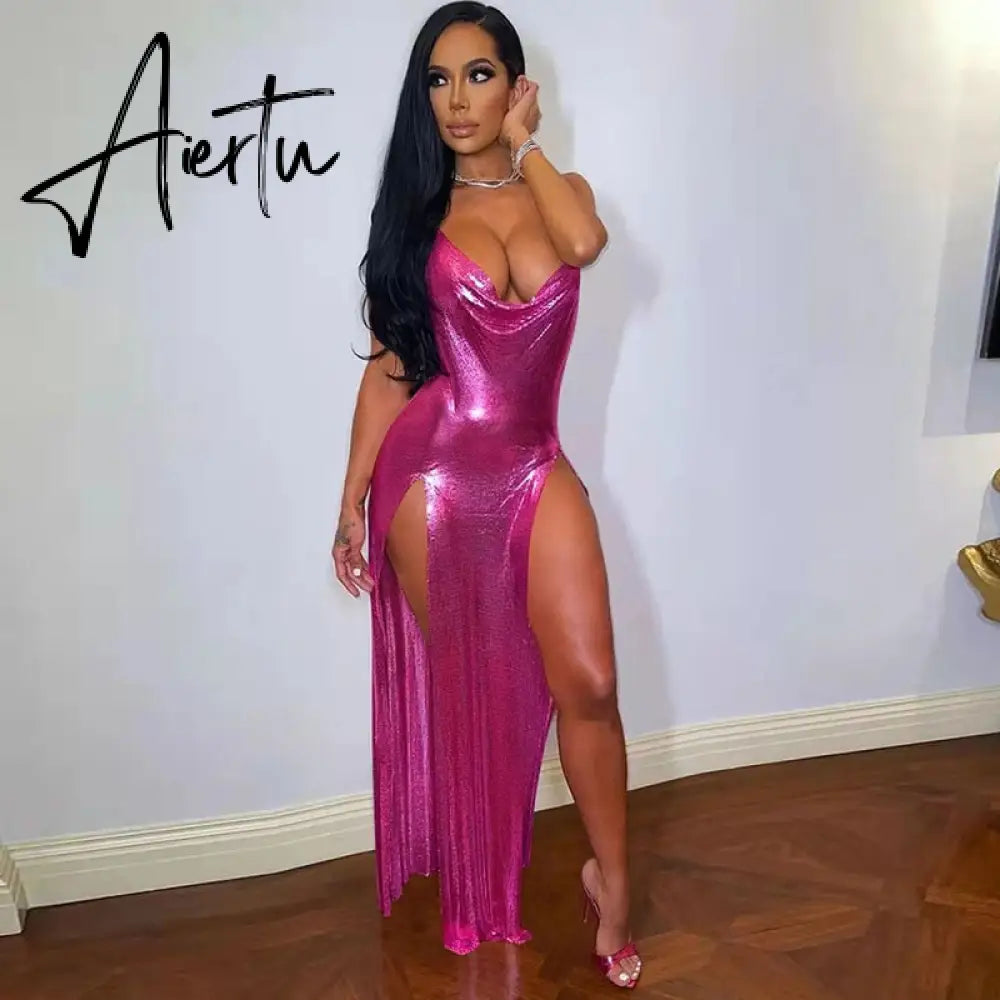 Aiertu Sexy Glitter Metallic Off Shoulder Evening Dresses Women Night Party Festival Outfits Backless Side Split Long Dress Clubwear Aiertu