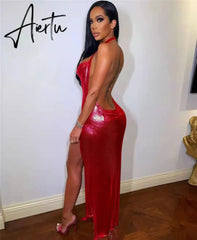 Aiertu Sexy Glitter Metallic Off Shoulder Evening Dresses Women Night Party Festival Outfits Backless Side Split Long Dress Clubwear Aiertu