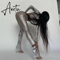 Aiertu Sexy Hollow Out See Through Two Piece Set Sliver O-neck Long Sleeve Crop Top Leggings Streetwear Mesh Patchwork Women Outfits Aiertu