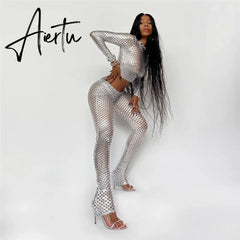 Aiertu Sexy Hollow Out See Through Two Piece Set Sliver O-neck Long Sleeve Crop Top Leggings Streetwear Mesh Patchwork Women Outfits Aiertu