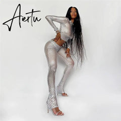 Aiertu Sexy Hollow Out See Through Two Piece Set Sliver O-neck Long Sleeve Crop Top Leggings Streetwear Mesh Patchwork Women Outfits Aiertu