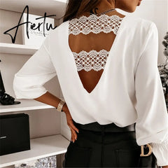 Aiertu Sexy Lace Women Shirts V neck Long Sleeve Spring Autumn Tops Daily Blouses Female Elegant OL Office Blouse Casual Lady's Shirt Aiertu