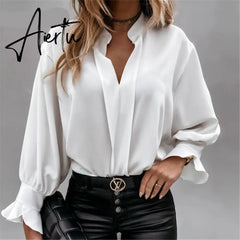 Aiertu Sexy Lace Women Shirts V neck Long Sleeve Spring Autumn Tops Daily Blouses Female Elegant OL Office Blouse Casual Lady's Shirt Aiertu