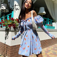 Aiertu Sexy Off Shoulder Lace Up Women Dress Blue Long Sleeve Strapless Mini Dress Women Autumn Slim Fashion Streetwear Vestido Aiertu