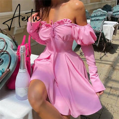 Aiertu Sexy Off Shoulder Lace Up Women Dress Blue Long Sleeve Strapless Mini Dress Women Autumn Slim Fashion Streetwear Vestido Aiertu