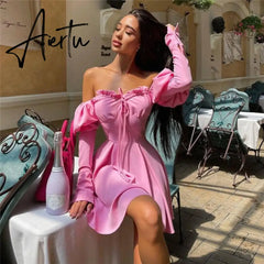 Aiertu Sexy Off Shoulder Lace Up Women Dress Blue Long Sleeve Strapless Mini Dress Women Autumn Slim Fashion Streetwear Vestido Aiertu