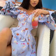 Aiertu Sexy Off Shoulder Lace Up Women Dress Blue Long Sleeve Strapless Mini Dress Women Autumn Slim Fashion Streetwear Vestido Aiertu