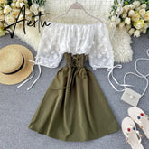 Aiertu Sexy Off Shoulder patchwork Summer Short Dress Party flower chiffon Slim waist lace up Women casual A-Line beach dress Aiertu