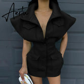 Aiertu Sexy Party Club Bodycon Dresses For Women Autumn Solid Sleeveless Button Pockets Mixi Dress Female Streetwears Y2K Aiertu
