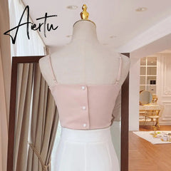 Aiertu Sexy Patchwork Bow Women Vest Square Collar Sleeveless Spaghetti Strap Slim Tunic Tank Tops Female Clothes New Aiertu