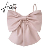 Aiertu Sexy Patchwork Bow Women Vest Square Collar Sleeveless Spaghetti Strap Slim Tunic Tank Tops Female Clothes New Aiertu