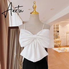 Aiertu Sexy Patchwork Bow Women Vest Square Collar Sleeveless Spaghetti Strap Slim Tunic Tank Tops Female Clothes New Aiertu