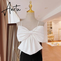 Aiertu Sexy Patchwork Bow Women Vest Square Collar Sleeveless Spaghetti Strap Slim Tunic Tank Tops Female Clothes New Aiertu