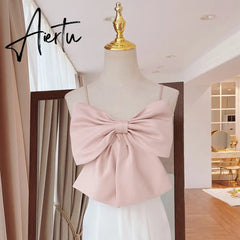 Aiertu Sexy Patchwork Bow Women Vest Square Collar Sleeveless Spaghetti Strap Slim Tunic Tank Tops Female Clothes New Aiertu