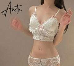 Aiertu Sexy pure desire underwear sets outerwear thin white lace lingerie and panties suit cute no steel ring girl bra set Aiertu